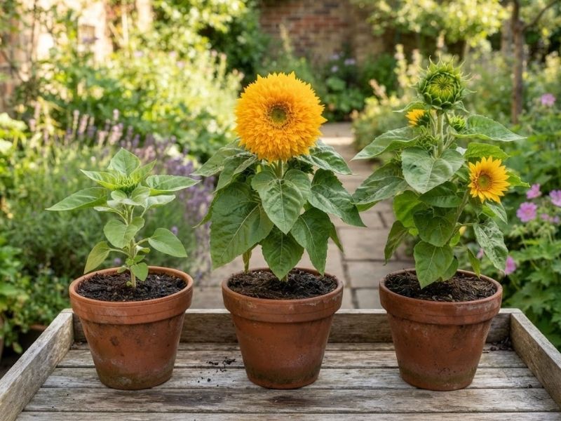 Girassóis anões em diferentes fases de cultivo e floração