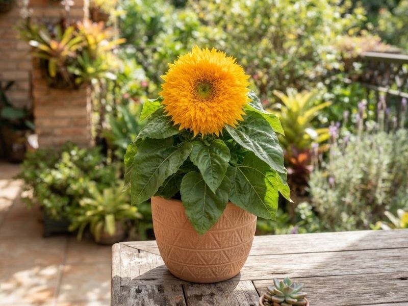 Girassol anão compacto e florido cultivado em vaso
