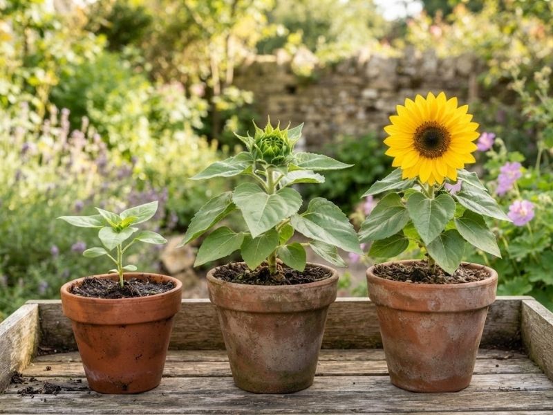 Girassol anão em diferentes estágios até a floração
