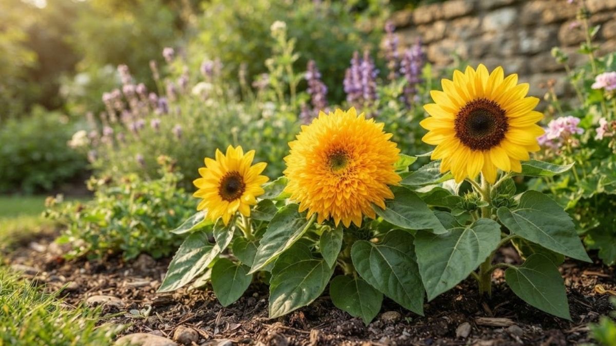 Girassóis anões simples e dobrado cultivados em canteiro ensolarado