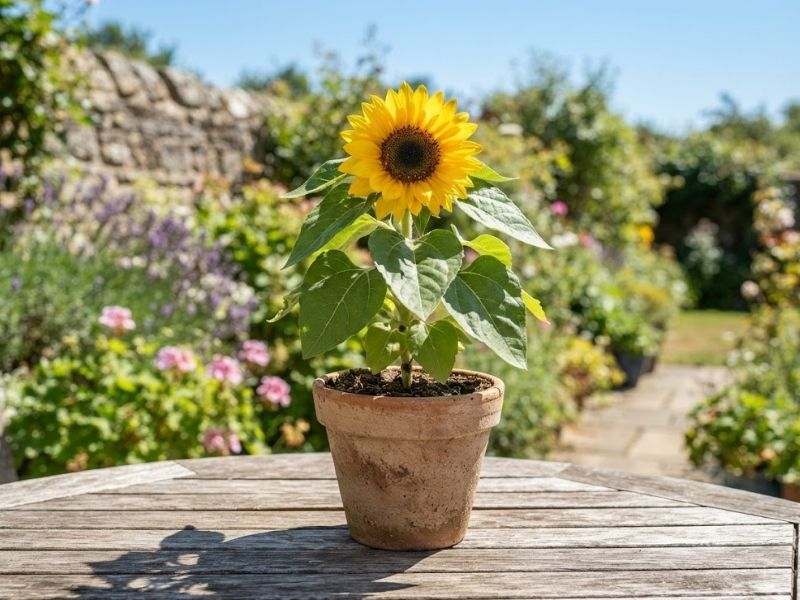 Girassol anão saudável cultivado sob sol pleno