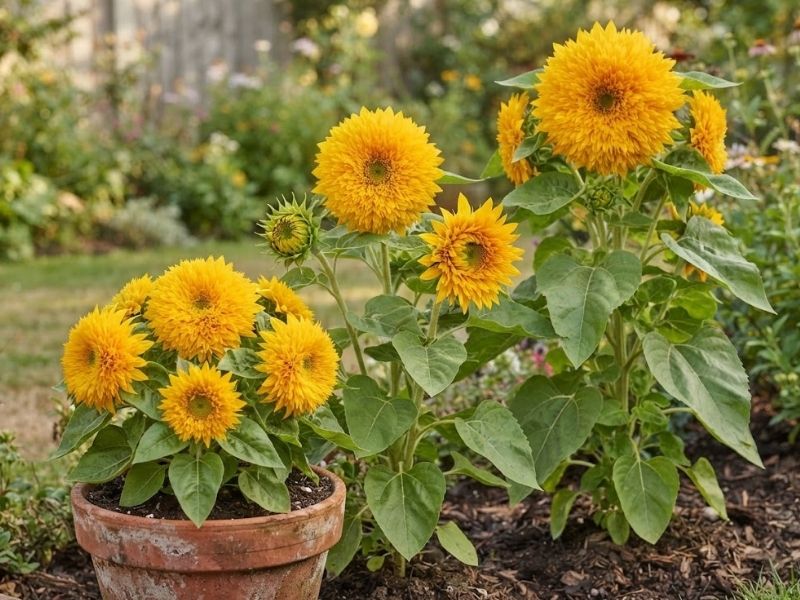 Girassóis dobrados amarelos em plena floração no jardim