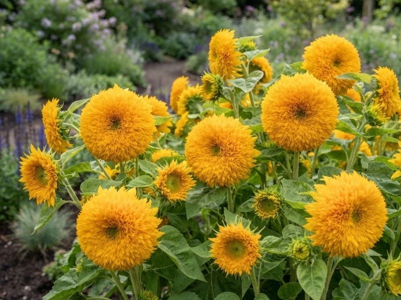 Girassóis dobrados amarelos em jardim ornamental