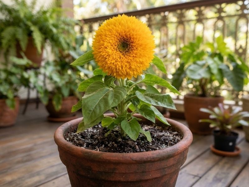 Girassol dobrado compacto e florido cultivado em vaso
