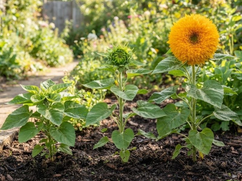 Girassol dobrado em diferentes estágios até a floração