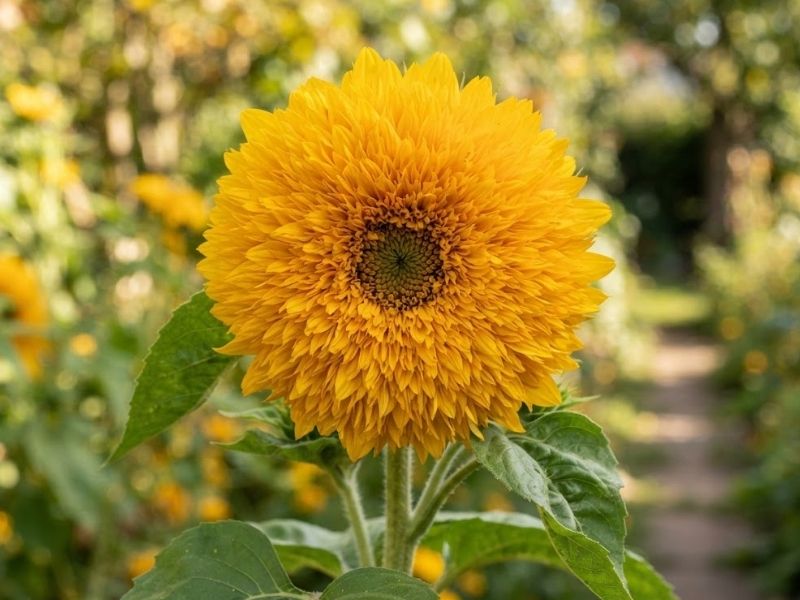Flor de girassol dobrado amarela com inflorescência cheia