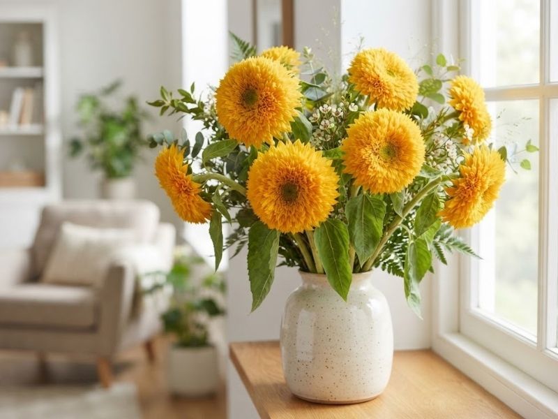 Arranjo com girassóis dobrados amarelos como flores de corte