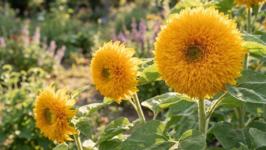 Girassóis dobrados amarelos com flores cheias em jardim