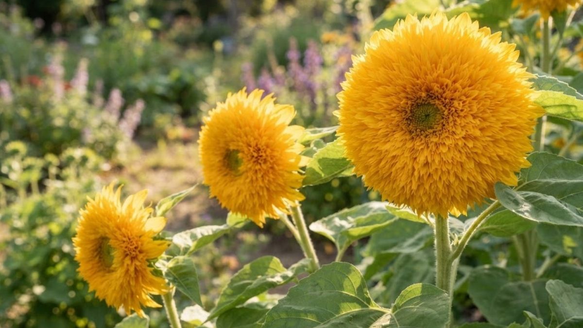 Girassóis dobrados amarelos com flores cheias em jardim