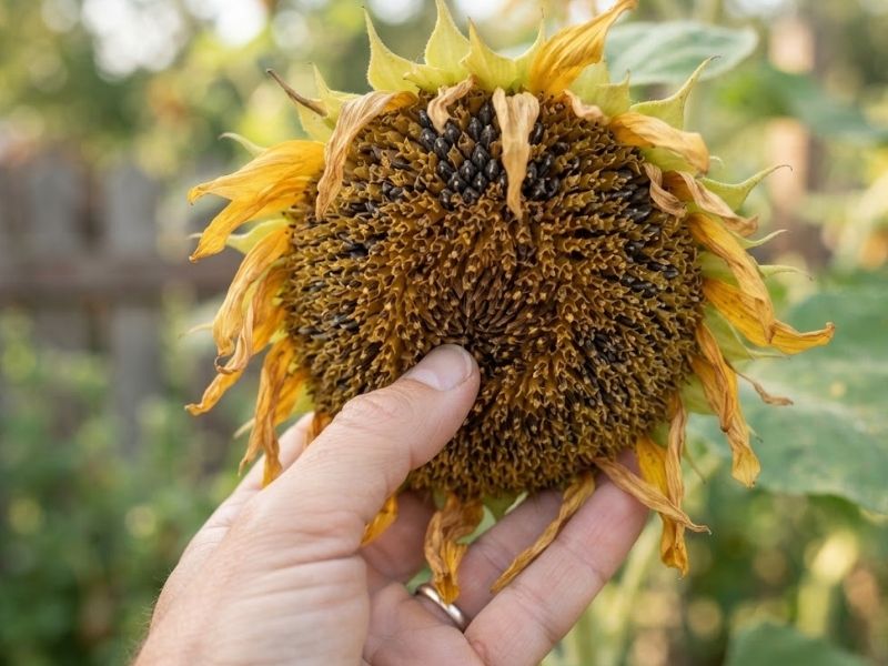 Cabeça de girassol dobrado amadurecendo para formar sementes