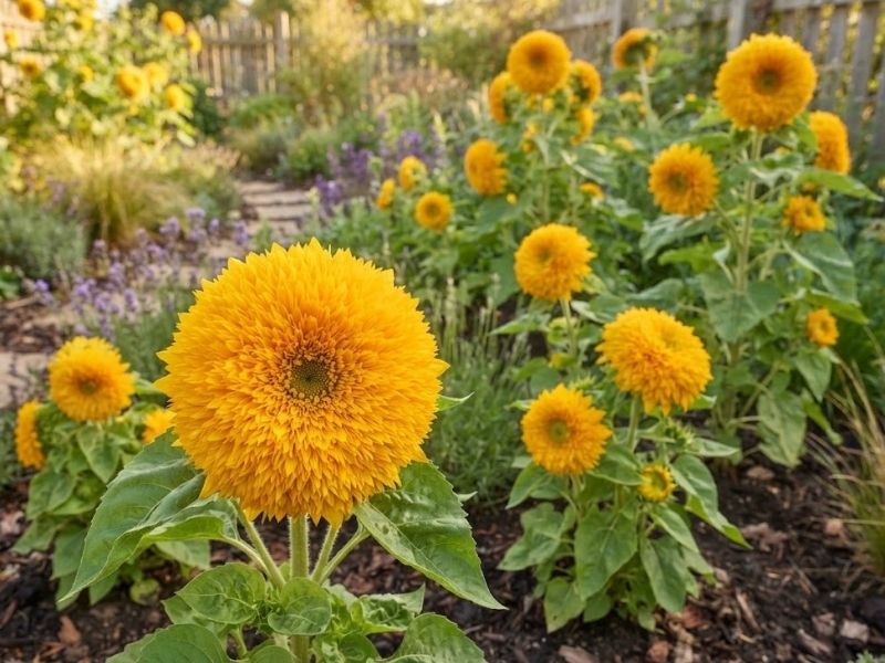Girassóis dobrados amarelos floridos em canteiro de jardim