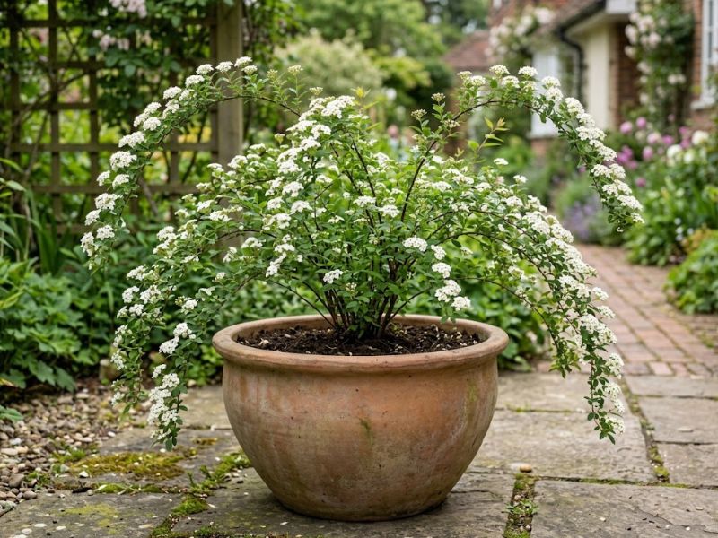 Grinalda de noiva florida cultivada em vaso grande no jardim