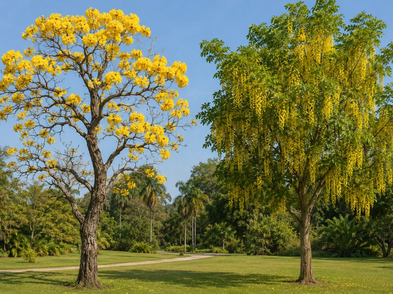 Ipê-amarelo florido ao lado de uma chuva-de-ouro com cachos amarelos pendentes