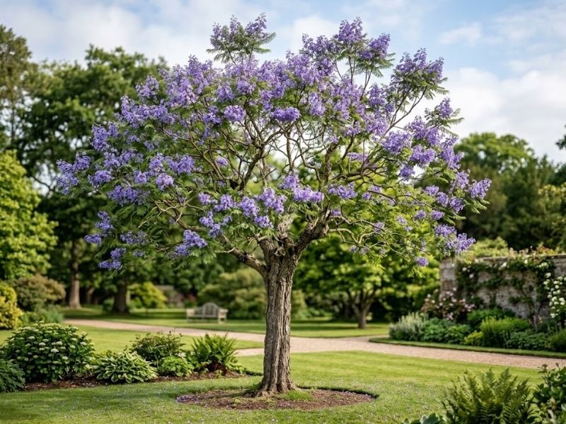 Jacarandá mimoso adulto com flores lilás em jardim amplo