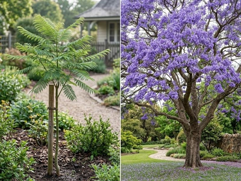 Muda jovem e jacarandá mimoso adulto florido em comparação