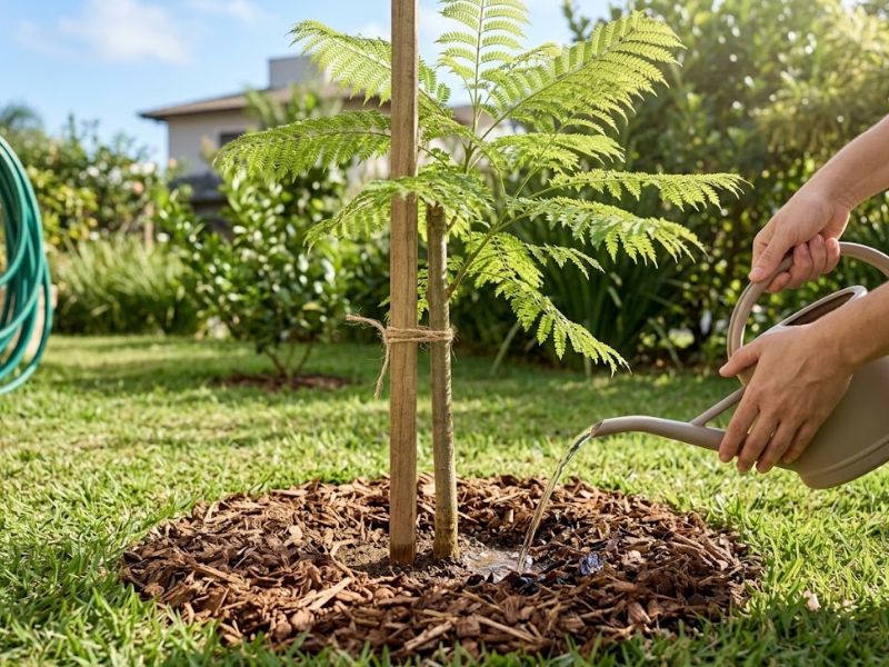 Jacarandá mimoso jovem recebendo rega junto ao solo em jardim ensolarado