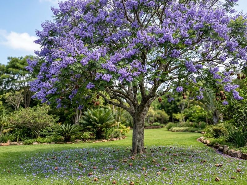 Jacarandá mimoso adulto com copa florida e tronco visível em jardim