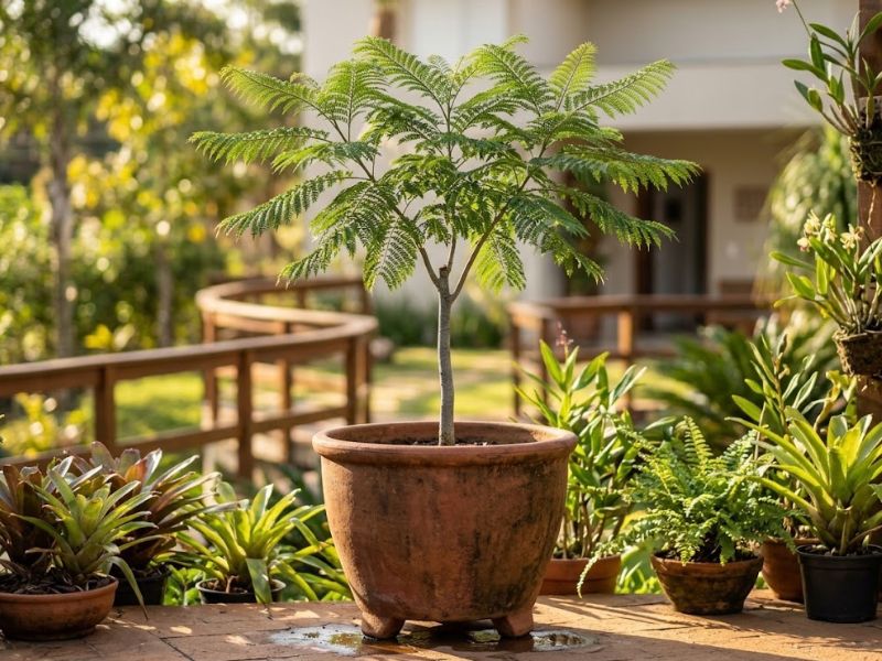 Jacarandá mimoso jovem cultivado temporariamente em vaso grande