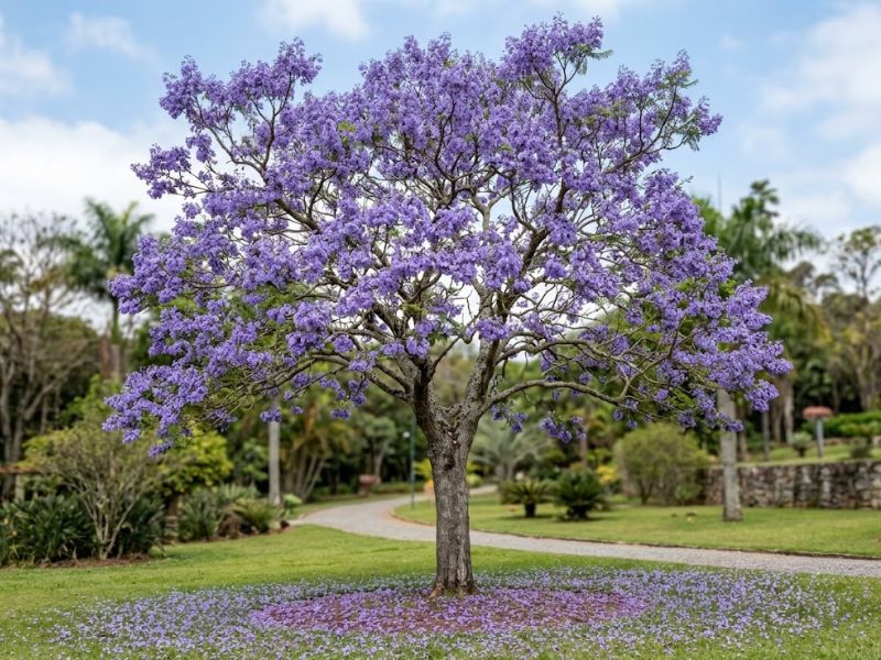 Jacarandá mimoso florido com pouca folhagem e flores caídas no gramado
