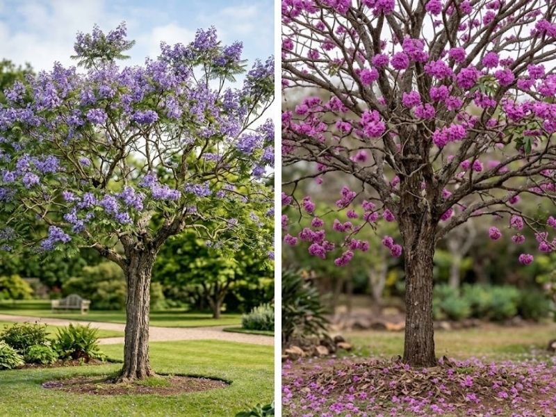 Comparação entre jacarandá mimoso e ipê roxo de bola em floração
