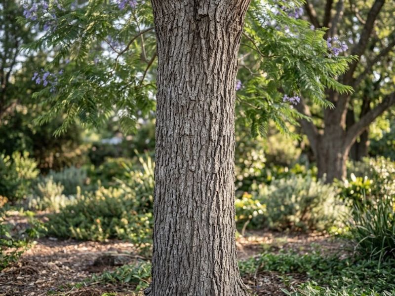 Tronco acinzentado e casca fissurada de jacarandá mimoso adulto