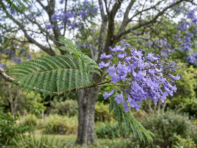 Folhas bipinadas e flores lilás do jacarandá mimoso em jardim