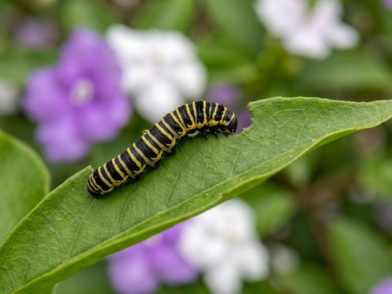 Lagarta da borboleta do manacá sobre uma folha de manacá de cheiro
