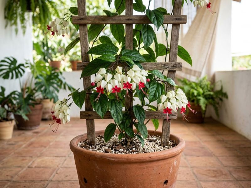 Lágrima de cristo cultivada em vaso grande com treliça de madeira