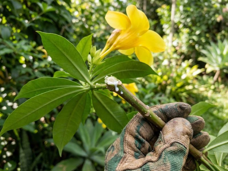 Ramo cortado de alamanda amarela liberando pequena quantidade de látex branco