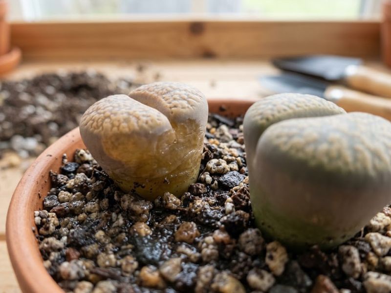 Lithops com sinais de excesso de água em substrato muito úmido