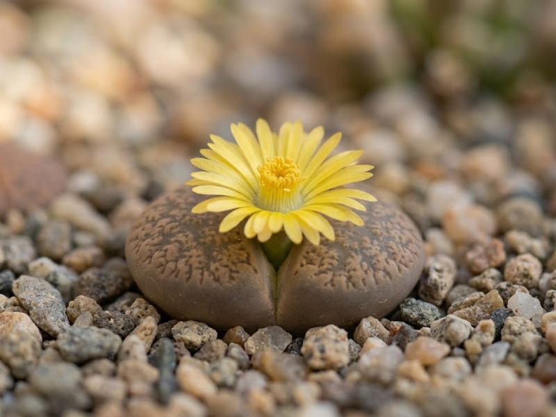 Lithops florido com flor amarela surgindo pela abertura entre as folhas