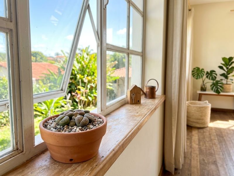 Vaso com Lithops próximo a uma janela com bastante luz natural