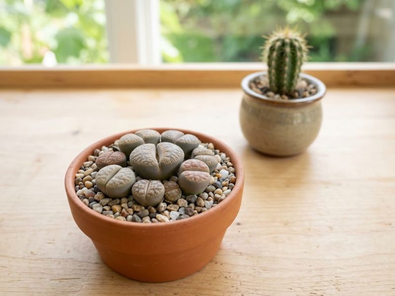 Lithops em primeiro plano e pequeno cacto em outro vaso ao fundo