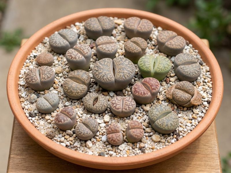 Grupo de Lithops saudáveis cultivados juntos em vaso com pedriscos