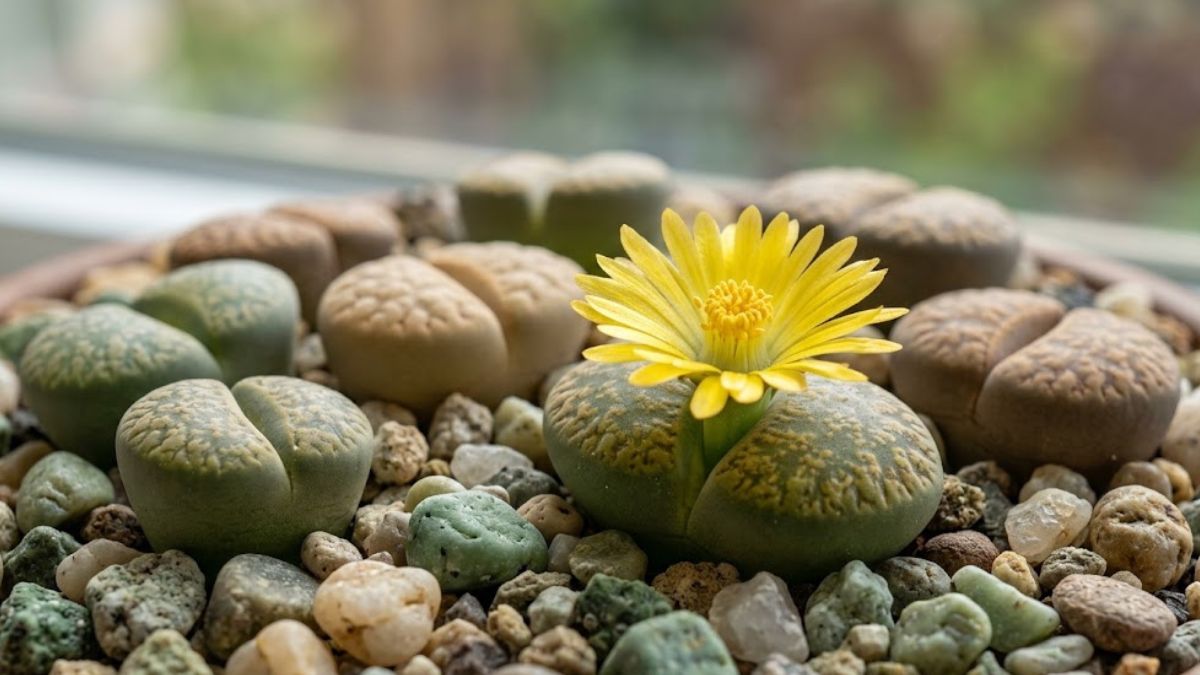 Lithops com flor amarela crescendo entre pedriscos em vaso com outras suculentas pedra viva