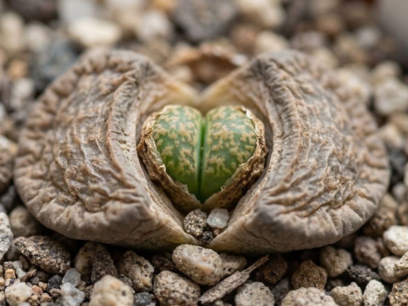 Novo par de folhas de Lithops surgindo entre folhas antigas enrugadas