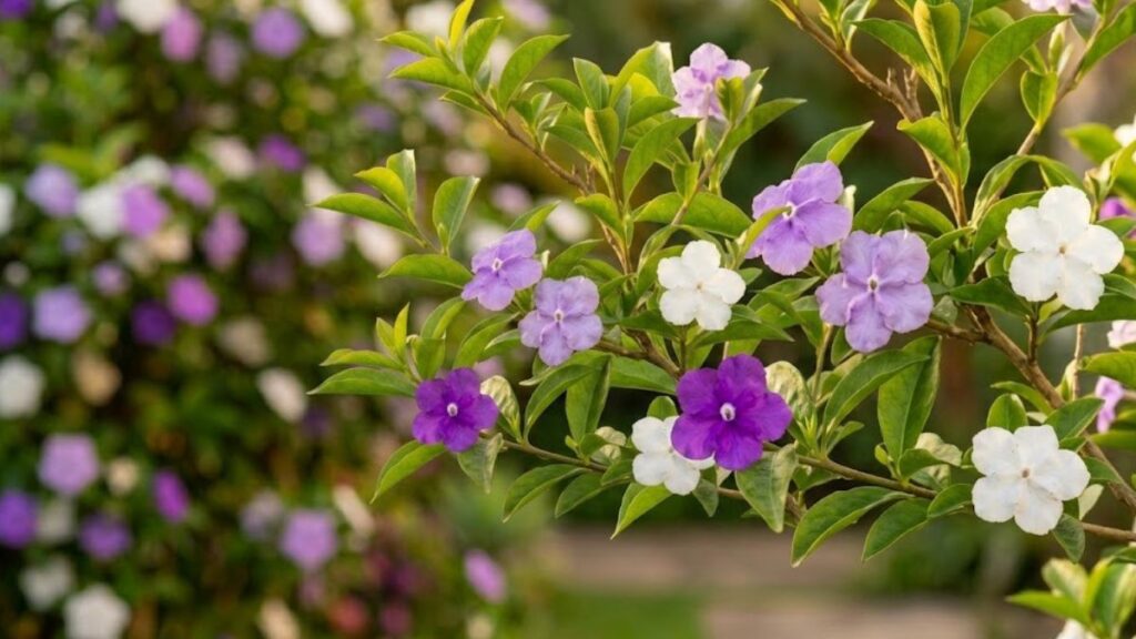Ramo de manacá de cheiro com flores roxas, lilases e brancas diante do arbusto desfocado