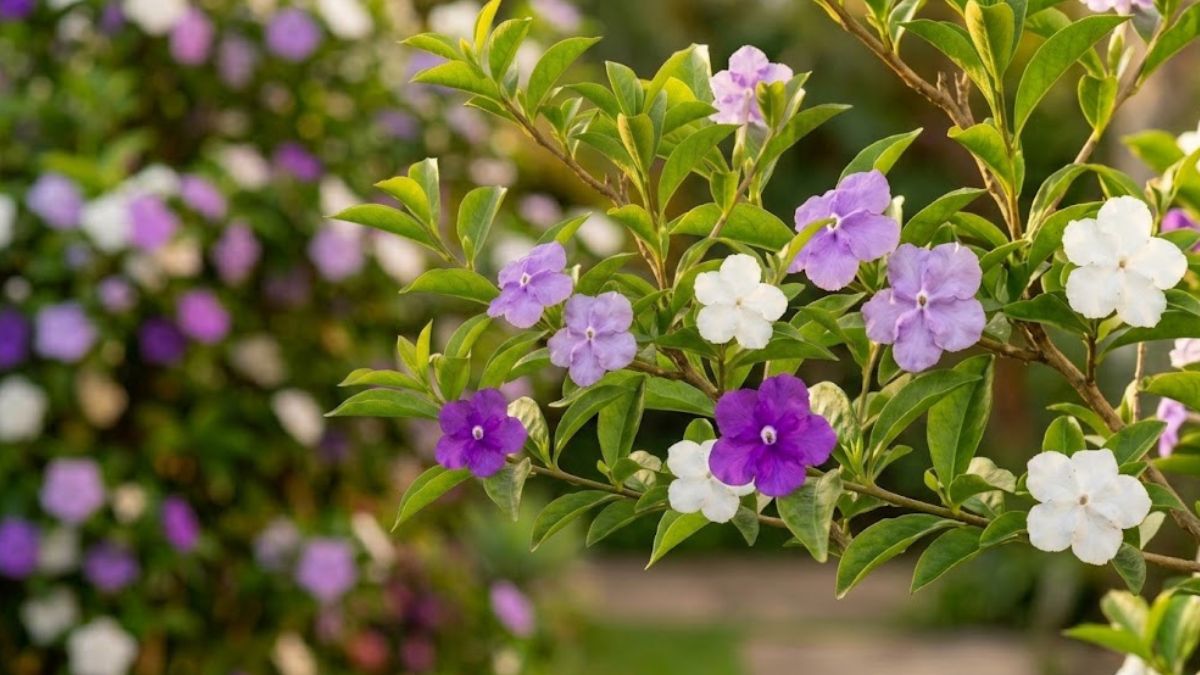 Ramo de manacá de cheiro com flores roxas, lilases e brancas diante do arbusto desfocado