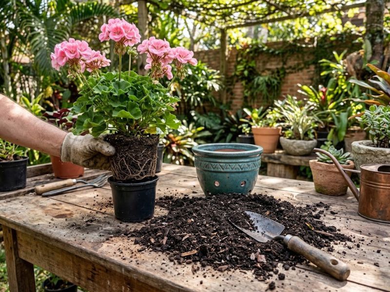 Substrato leve e drenável preparado para plantar gerânio