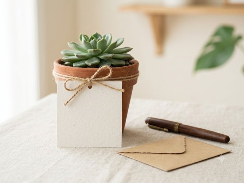 Cartão pequeno preso a uma planta para acompanhar presente do Dia dos Pais
