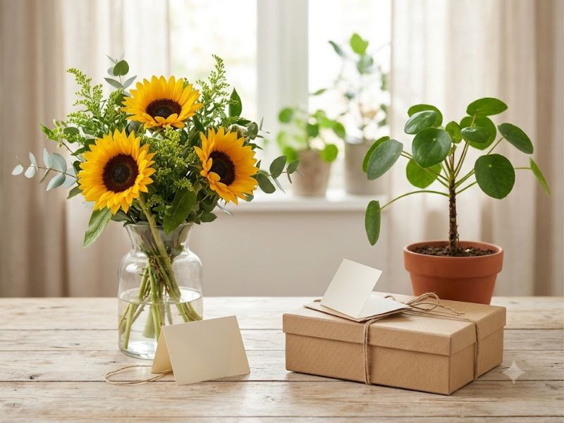Cartões acompanhando flores, planta em vaso e presente para o Dia dos Pais