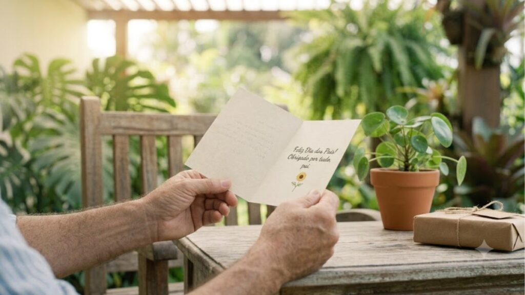 Mãos de um pai segurando cartão com mensagem de Dia dos Pais ao lado de planta e presente