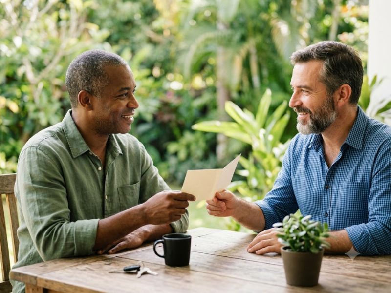 Cartões, envelopes e xícaras de café para homenagear um amigo que é pai