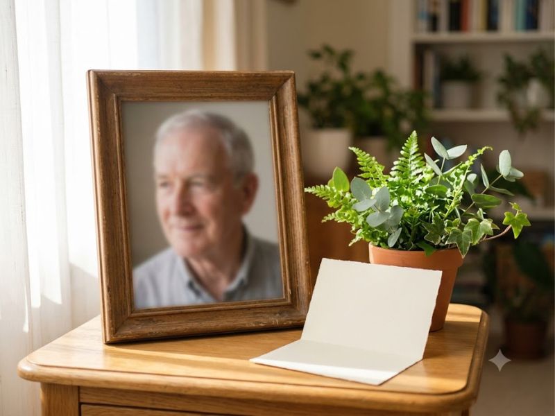 Porta-retrato, cartão e planta em homenagem à memória de um pai
