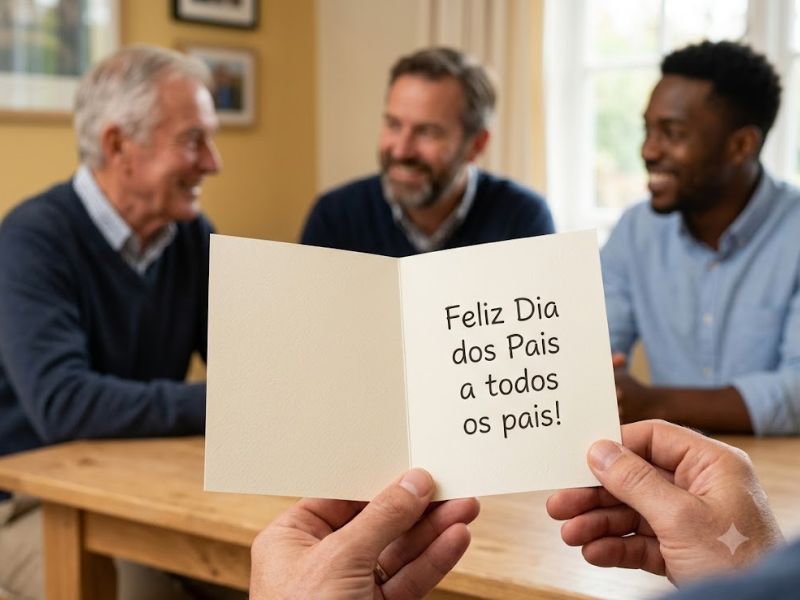 Cartão com homenagem coletiva aos pais e homens reunidos ao fundo