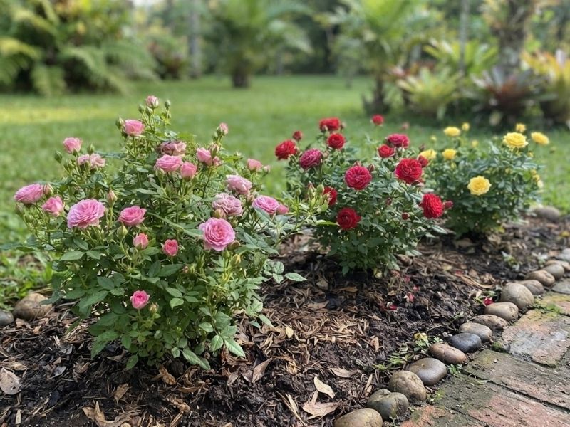 Minirroseiras com flores rosas, vermelhas e amarelas cultivadas em um jardim
