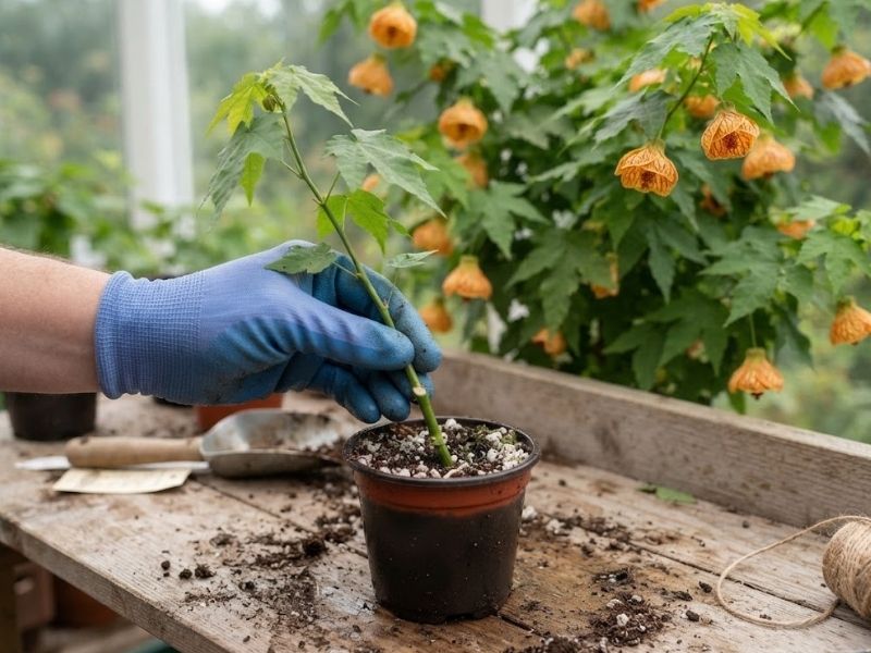 Estaca de Abutilon pictum sendo plantada em vaso com substrato leve