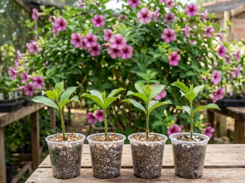 Estacas de alamanda roxa plantadas em substrato para formação de mudas