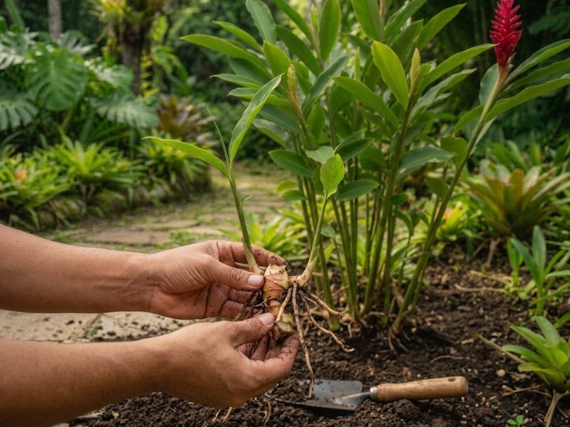 Muda de alpínia purpurata com rizoma, raízes e broto