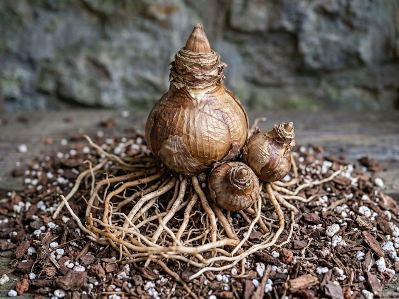 Bulbo de amarílis com dois bulbilhos menores formados ao redor da base